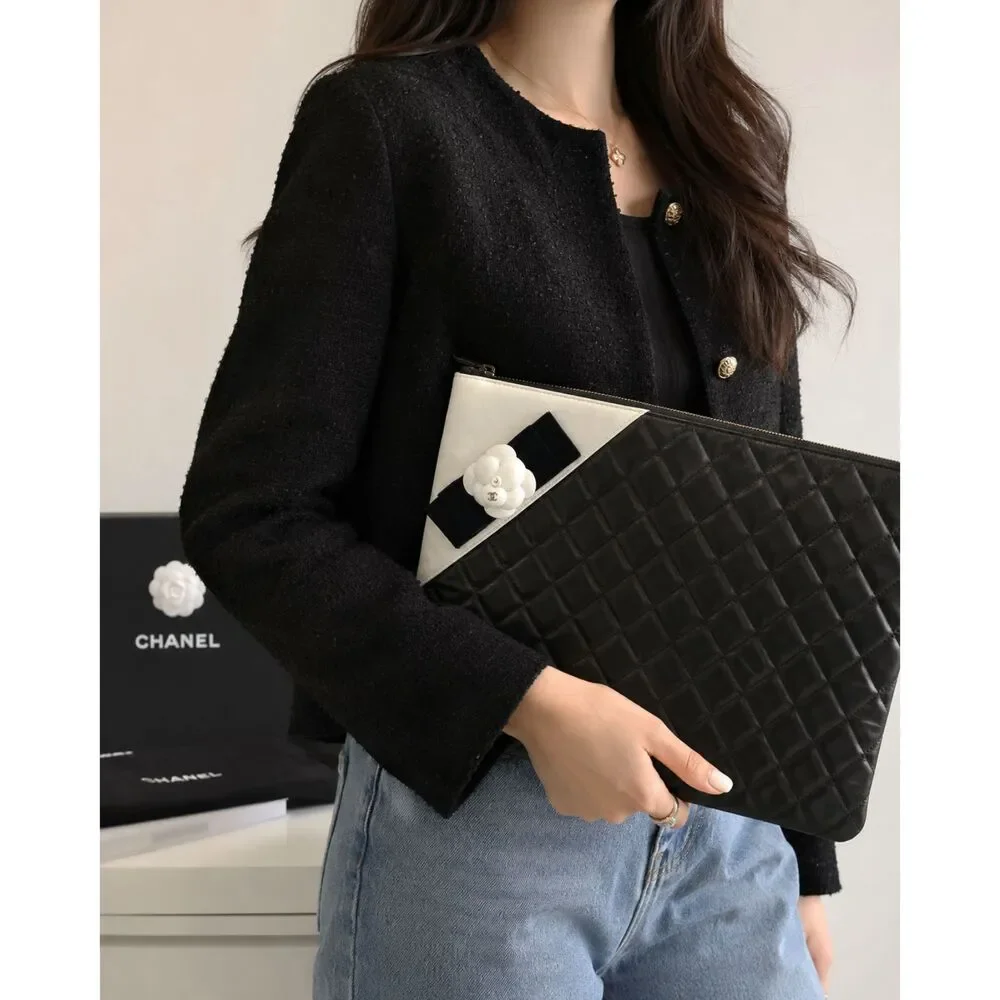 CHANEL Camellia Bow Quilted Lambskin Clutch Black Ivory Coco Mark Full Set